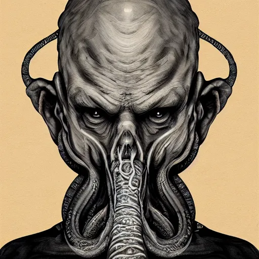 Image similar to eerie portrait of creepy pale old man with fish like facial features and gilles in his neck, painted, fish man, tentacles, trending on art station, love craftian, dark lighting