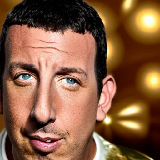 Prompt: Adam Sandler with silver-violet hair, white eyes and golden glittery dress, wide lens, diorama, 4k,