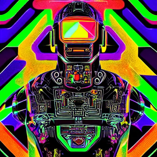 Image similar to mockup of a black tshirt with a hyperdetailed portrait of a trippy cyberpunk robot, 8 k, symetrical, flourescent colors, happy mood, multicolored,