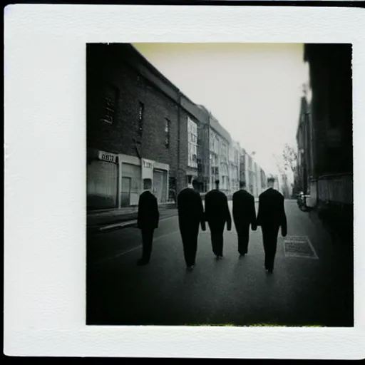 Image similar to wide-shot low angle of invisible people in formal suits walking down the Night Vale street, polaroid photo, by Andy Warhol