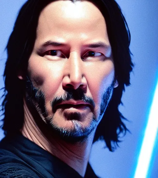 Image similar to keanu reeves as a jedi master with a blue lightsaber, perfect symmetrical face, full moon, moody lighting, 8 k, shallow depth of field, intricate detail,