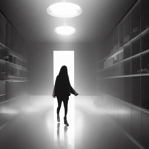 Prompt: woman holding a flashlight running through a closed ikea interior, cinematic lighting, furniture, store interior, night, minimalism, terrifying, landscape, fog, artstation