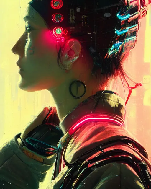 Image similar to detailed side profile portrait Neon Operator Girl, cyberpunk futuristic neon, reflective puffy coat, decorated with traditional Japanese ornaments by Ismail inceoglu dragan bibin hans thoma greg rutkowski Alexandros Pyromallis Nekro Rene Maritte Illustrated, Perfect face, fine details, realistic shaded, fine-face, pretty face