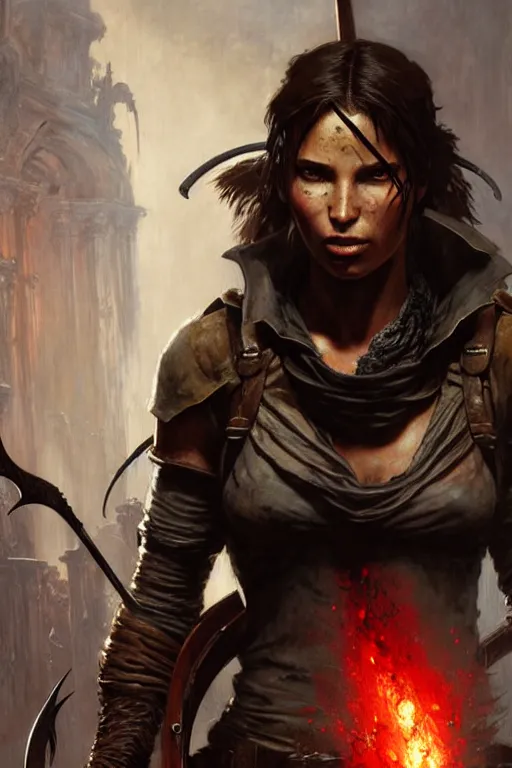 Image similar to lara croft in bloodborne portrait dnd, painting by gaston bussiere, craig mullins, greg rutkowski, yoji shinkawa