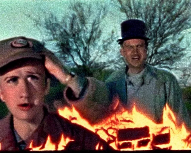 Image similar to a movie still from 'A Goose Set my House on Fire', 40mm tape, technicolour film, goose!!!!!, letterboxing, widescreen