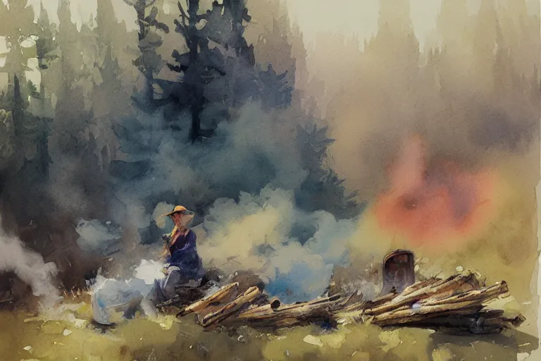 Image similar to small centered on watercolor paper, paint brush strokes, abstract watercolor painting of faraway campfire smoke, smoking bonfire, trunks and logs, sticks, cinematic light, american romanticism by hans dahl, by jesper ejsing, by anders zorn, by greg rutkowski, by greg manchess, by tyler edlin