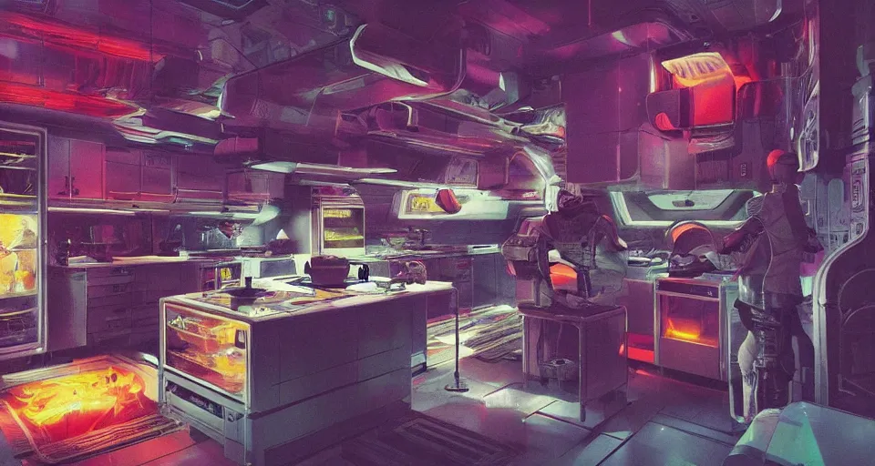 Image similar to IKEA catalogue photo of a cyberpunk kitchen on a spaceship, by Paul Lehr