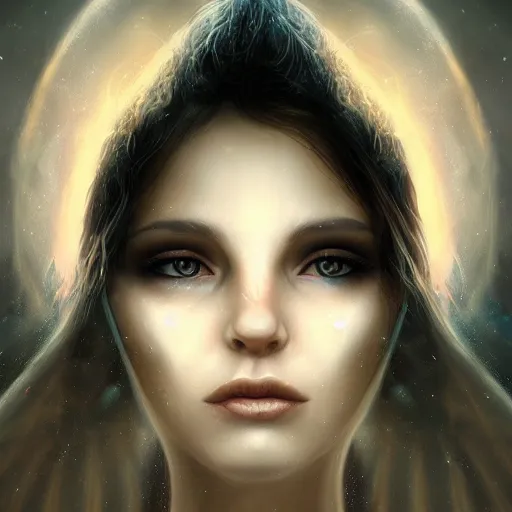 Image similar to head and shoulders portrait of an angelic creature, dark fantasy, mystic, abstract background, feminine beauty, elegant, intricate, face, medium shot, trending on artstation, volumetric light, by Fernanda Suarez and Karol Bak