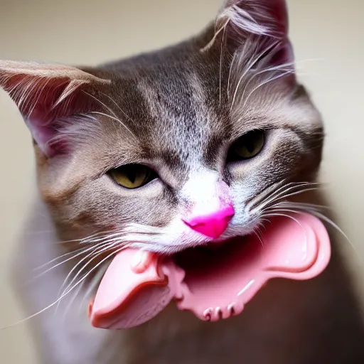 Image similar to photo of a pink cat with pink fur, eating a hamburger, biting a hamburger-C 12