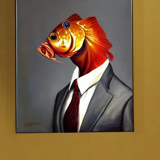 Image similar to a photorealistic oil painting portrait of a carp fish wearing a suit and tie