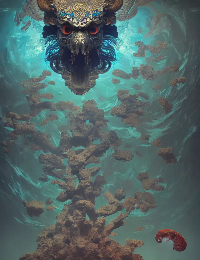 Image similar to 3 d liminal space abandoned temple frontal portrait with ram skull. beautiful intricately detailed japanese crow kitsune mask and clasical japanese kimono. betta fish, jellyfish phoenix, bio luminescent, plasma, ice, water, wind, creature, artwork by tooth wu and wlop and beeple and greg rutkowski