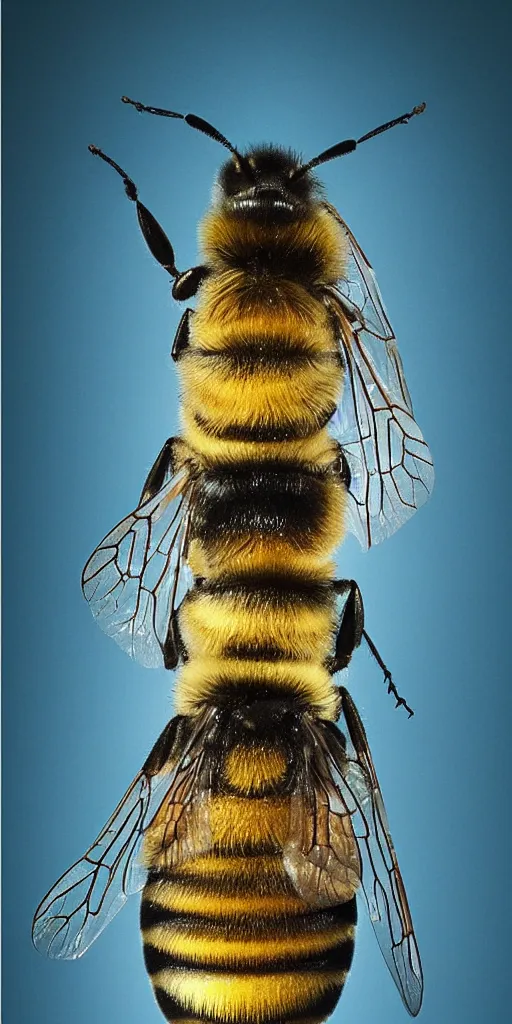 Prompt: big fat bee about to explode with a big tummy sleeping inside some human lips, airbrush catalogue diagram scientific photography