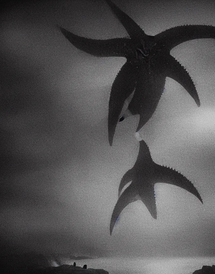 Prompt: very low - resolution found footage of a kaiju starfish - monster, fog, foggy, korean film noir, monochrome, red hue, thriller, underdeveloped, epic, dramatic