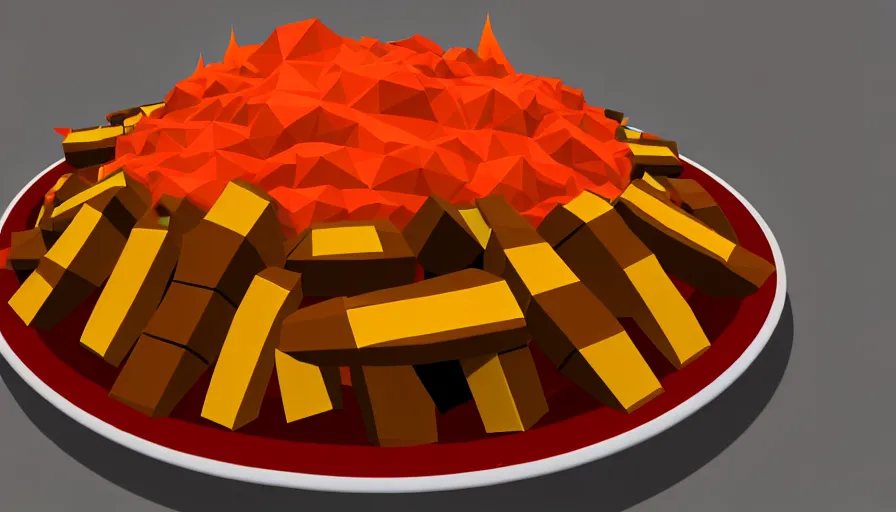 Prompt: poutine ( the canadian meal ) from mount doom, volcano texture, lava texture, fire texture, low poly