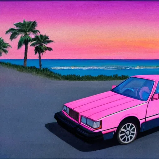 Image similar to an old 1 9 8 0 s car parked off the road, sunset, ocean in distance, pink, oil painting, pale colors, high detail, 8 k, wide angle, trending on artstation,