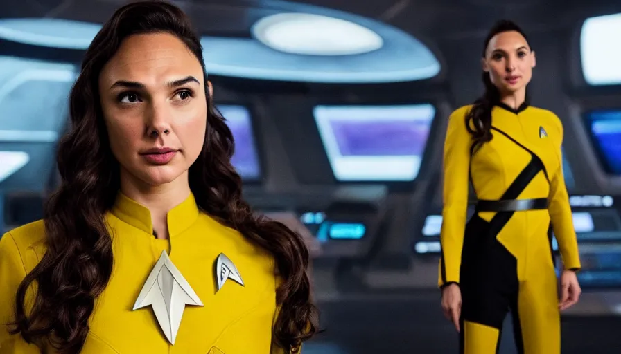 Image similar to Gal Gadot, wearing a yellow uniform, is the captain of the starship Enterprise in the new Star Trek movie