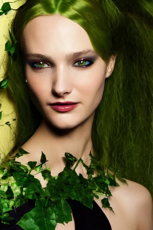 Image similar to A beautiful portrait of Daria Strokous smiling as Poison Ivy from Batman as a Versace fashion model Spring/Summer 2010, highly detailed, in the style of cinematic, Getty images, Milan fashion week backstage, Extreme close up, Makeup by Pat McGrath, Hair by Guido Palau, Greg rutkowski