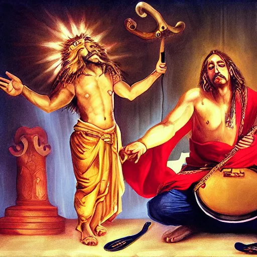 Image similar to God playing a gutair and the devil playing the drums, hyper realistic, HD, HQ, photo realistic
