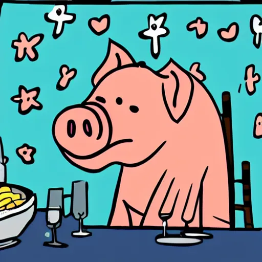 Image similar to a cartoon of a pig sitting at a table eating a human for dinner