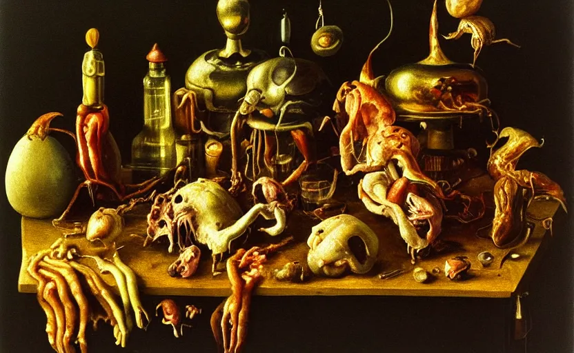 Image similar to disturbing colorful oil painting dutch golden age vanitas still life sparse composition with bizarre objects strange gooey transparent surfaces shiny metal reflections bizarre mutant meat insects rachel ruysch dali todd schorr very detailed perfect composition rule of thirds masterpiece canon 5 0 mm, cinematic lighting, photography, retro, film, kodachrome