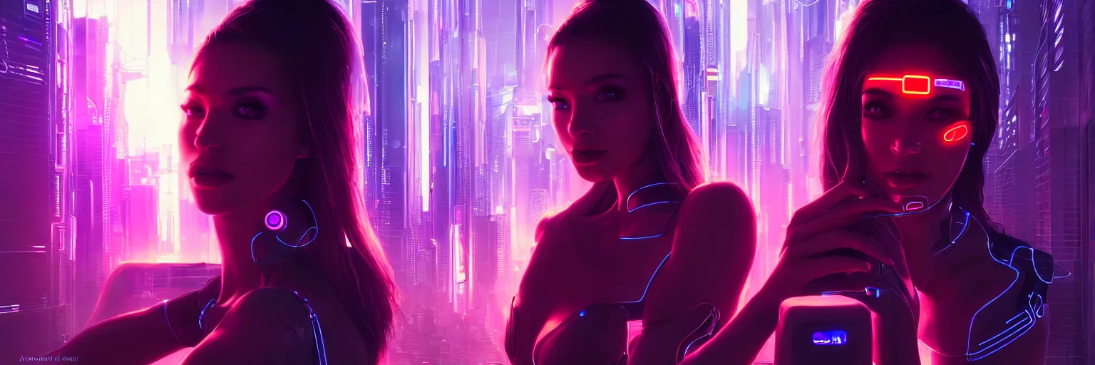 Image similar to portrait of one female humanoid in a cyberpunk cityscape, half body cropping, elegant glamor pose, accurate anatomy, cyber led neon lighting, bokeh, rule of thirds, hyper photorealistic, crispy quality, digital photography, art by pascal blanche, art by artgerm, art by greg rutkowski,