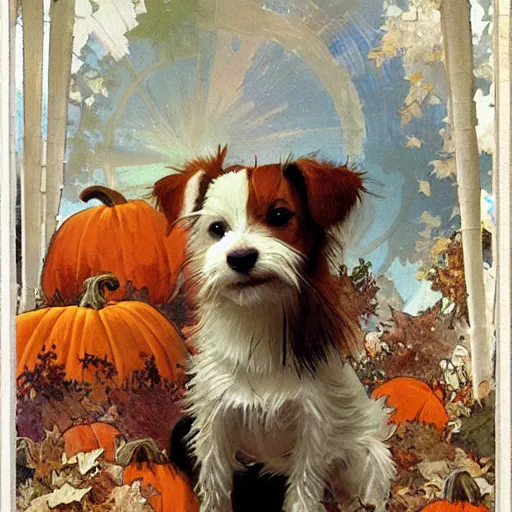 Prompt: a very cute scruffy long haired jack russell terrier puppy, white with brown spots and a brown patch over each eye, amidst piles of pumpkins. halloween autumn fall art. beautiful painting by alphonse mucha and artgerm and greg rutkowski