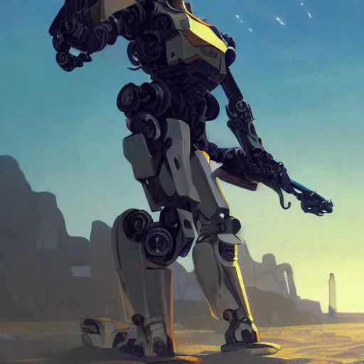 Image similar to movie poster of a scifi mech robot is on a beach, at dusk, art by greg rutkowski and alphonse mucha. golden ratio, rule of thirds, colorful, highly detailed, trending on artstation, 4 k, epic, cinematic lightning