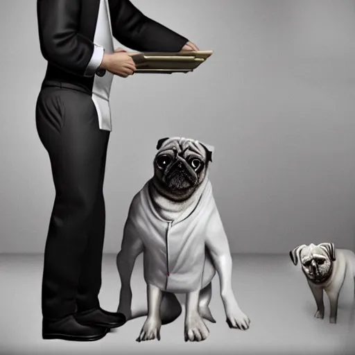 Prompt: pug dressed as a waiter working in a restaurant serving other dogs, realistic, concept art, 35 mm photography, n - 6