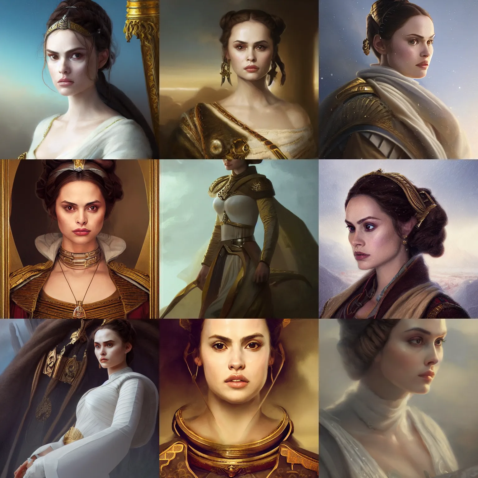 Prompt: Portrait of Padme Amidala as Emperor Napoleon, screensaver, head slightly tilted, natural light, elegant, intricate, fantasy, atmospheric lighting, cinematic, matte painting, Greg Rutkowski