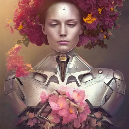 Prompt: a beautiful fine art RPG portrait photo of a sleeping robot female cyborg, spread out wavy hair covered by hibiscus, daffodils, hydrangea, montsera leaves by tom bagshaw, soft studio lighting, soft vignette, 50mm lens, very detailed, bionic, cybernetic scifi, deep depth of field, artstation, 4K