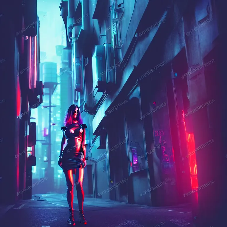 Image similar to cyberpunk girl in a cyberpunk street, night, cinematic lighting, very detailed