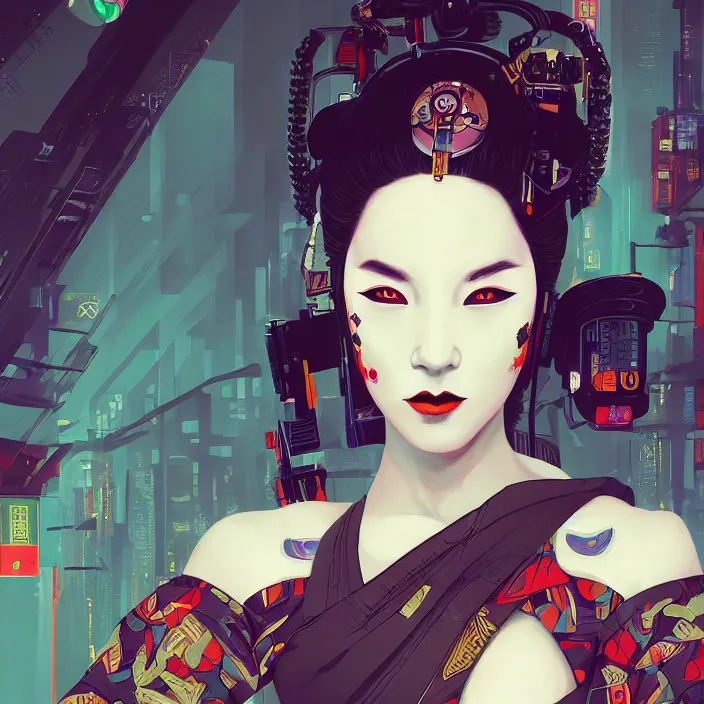 Image similar to a beautiful painting of a cyberpunk geisha by malika favre, in style of noir illustration. colorful comic, symmetry, sci fi, hyper detailed. octanev render. trending on artstation, high detailed, smooth draw.