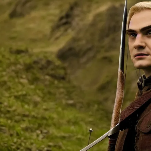 Image similar to high quality movie still frame of ben shapiro as legolas in lord of the rings, cinematic lighting, rim lighting, dramatic lighting, hd, 4k