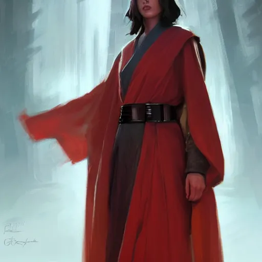 Image similar to portrait of a woman by greg rutkowski, jedi princess, straight black hair, jedi robes, star wars expanded universe, she is about 2 0 years old, elegant, graceful, wearing red jedi robes, highly detailed portrait, digital painting, artstation, concept art, smooth, sharp foccus ilustration, artstation hq