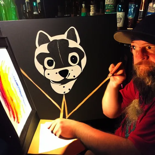 Image similar to photo portrait of drunk hobo artist drawing furries for booze, symmetry, awesome exposition, very detailed, highly accurate, intricate, professional lighting diffracted lightrays, 8 k, sense of awe