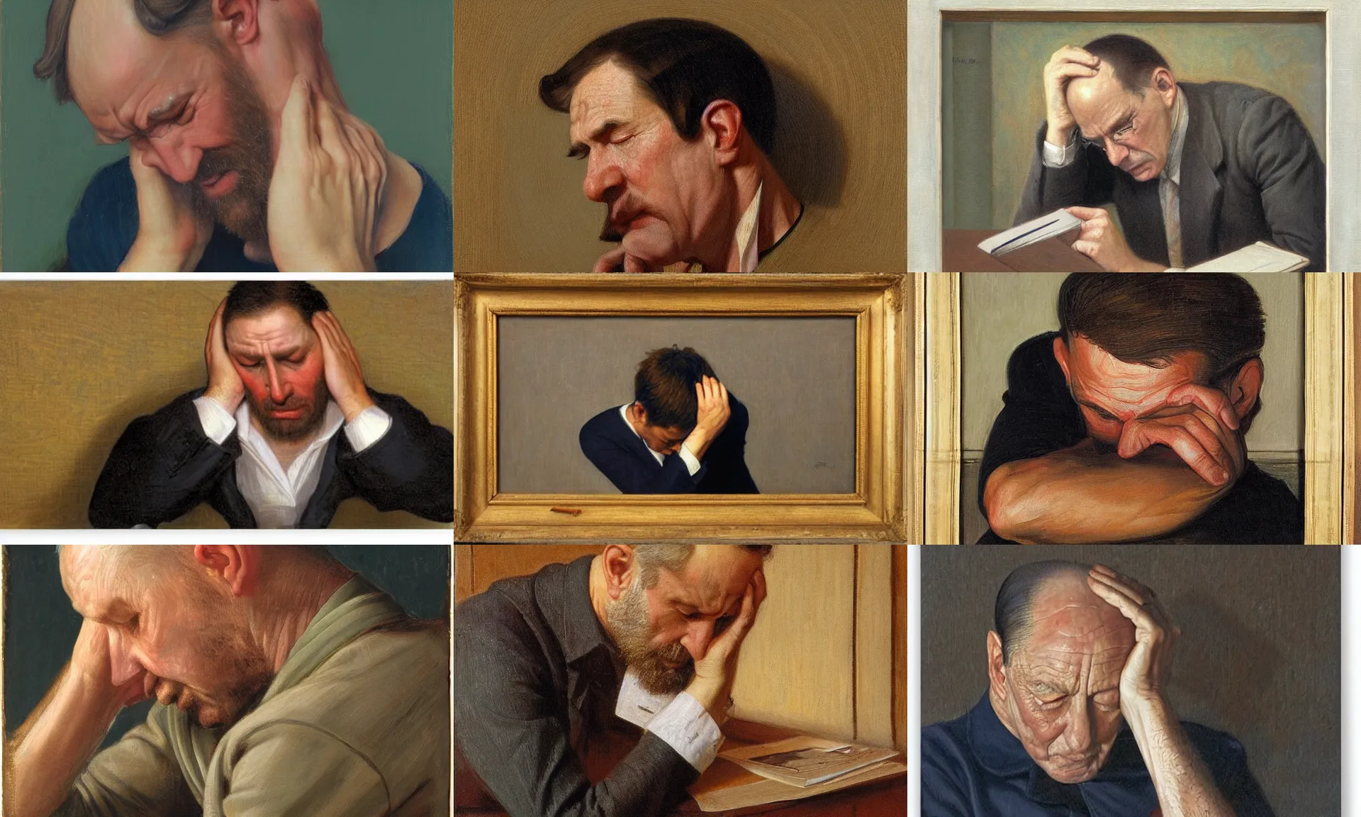 Prompt: A man clutching his head as information leaves it, by Kenne Gregoire