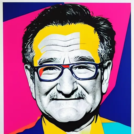 Prompt: portrait of robin williams by romero britto and haruki murakami : 1 high contrast, hard edges, matte painting, geometric shapes, masterpiece : 1