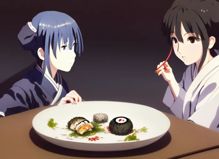 Prompt: a film still portrait of a plate with japanese food onigiri, finely detailed features, closeup at the food, perfect art, at a dinner table, gapmoe yandere grimdark, trending on pixiv fanbox, painted by greg rutkowski makoto shinkai takashi takeuchi studio ghibli, akihiko yoshida