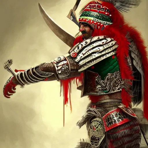 Prompt: mexican indigenous warrior in a ornated armor preparing for war, full body, dynamic pose, red and white and green neon, concept art, intricate details, highly professionally detailed, cgsociety, highly detailed -