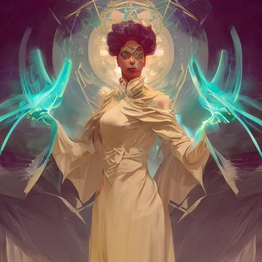 Image similar to raging female warlock magic powers floating in air feather cape electric eyes character concept art, by Peter Mohrbacher, Alphonse Mucha, by Marek Madej, 8k, trending on artstation, unreal engine 4k, detailed, full shot, symmetrical portrait, sophisticated, Unreal engine