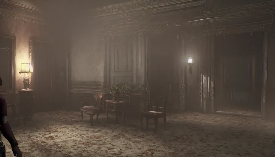Image similar to Ingame Screenshot of 8k ultra realistic Resident Evil game , Rebecca Chambers in a mansion, detailed, cinematic lighting, 4k, hyperrealistic, focused, extreme details,unreal engine 5, cinematic
