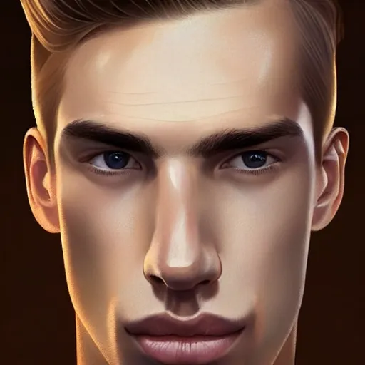 Image similar to tall man in his twenties with brown blond short quiff hair and slightly round facial structure with cleft chin, straight eyebrows and prominent nose, good definition of cheekbones, big hazel nut brown eyes, narrow face, slim body, atmospheric lighting, painted, intricate, 4 k, highly detailed by charlie bowater