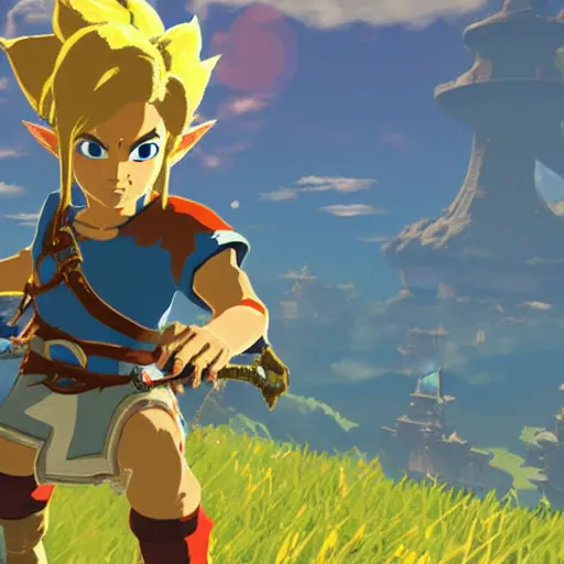 Prompt: a screencap of the legend of zelda breath of the wild, of goku in breath of the wild