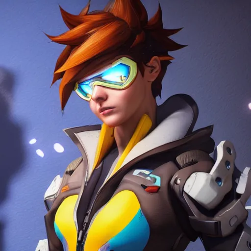 Image similar to portrait of tracer from overwatch, unreal engine 5, trending on art station