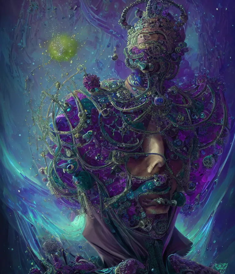 Image similar to front!!! shot of a court jester!!! character, mesmerizing fractal hypercubes, dark holography!!!, future, oil slick nebula, crystalline edges, (((intricate))), elegant, highly detailed, centered, (((artstation, concept art, smooth, sharp focus, artgerm, Tomasz Alen Kopera, Peter Mohrbacher, donato giancola, Joseph Christian Leyendecker, WLOP, Boris Vallejo))), ((raytracing)), mugshot!!!!!, ugly!!!!!!, octane render, nvidia raytracing demo, octane render, nvidia raytracing demo, octane render, nvidia raytracing demo, grainy, muted, 8K, digitalblasphemy, metatron