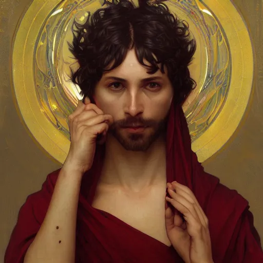 Image similar to a portrait of judas, intricate, elegant, highly detailed, digital painting, grin, artstation, concept art, smooth, sharp focus, illustration, art by artgerm and greg rutkowski and alphonse mucha and william - adolphe bouguereau