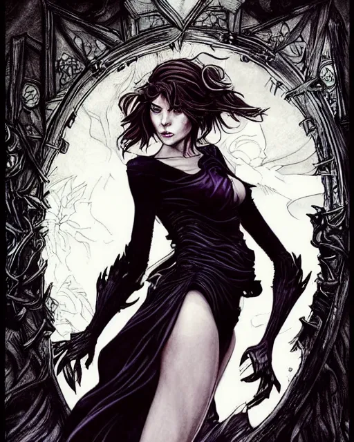 Image similar to style of arthur rackham, artgerm, rafael albuquerque, steve niles : : gorgeous mary elizabeth winstead : : evil sorceress, swirling black magic, black dress : : symmetrical face, symmetrical eyes : : full body pose : : gorgeous red hair : : cinematic lighting : :