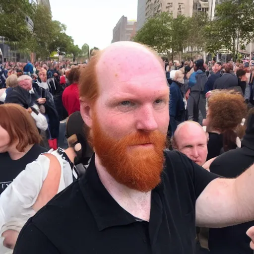 Prompt: a 7 foot tall, ginger, balding middle aged man walking among the crowd