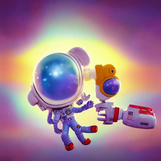 Image similar to a cute astronaut, pixar animation style, soft colors, by jeff koons, by lisa frank, octane render, by takashi murakami, colorful, spectral color, 5 d, ultra - hd, mini, volumetric lighting