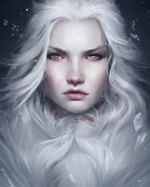 Prompt: portrait of a beautiful fierce snow goddess, flowy white grey hair, grey eyes, winter, frozen, snow, cinematic lighting, highly detailed, digital painting, trending on artstation, pixiv, concept art, sharp focus, illustration, art by ross tran and wlop